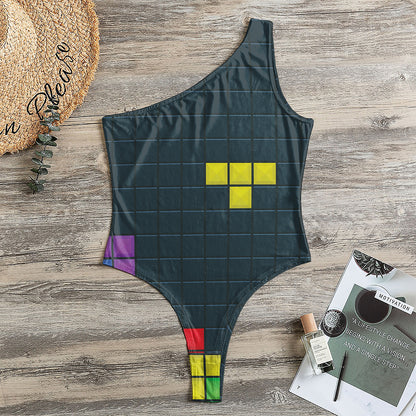 Colorful Block Puzzle Video Game Print One Shoulder Bodysuit