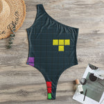 Colorful Block Puzzle Video Game Print One Shoulder Bodysuit