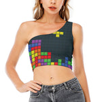 Colorful Block Puzzle Video Game Print One Shoulder Crop Top
