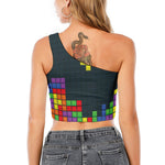 Colorful Block Puzzle Video Game Print One Shoulder Crop Top