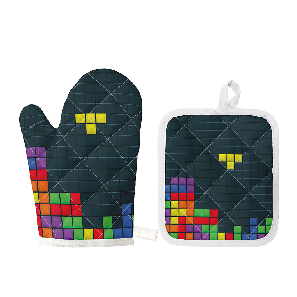 Colorful Block Puzzle Video Game Print Oven Mitt And Pot Holder Set