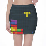 Colorful Block Puzzle Video Game Print Pencil Mini Skirt