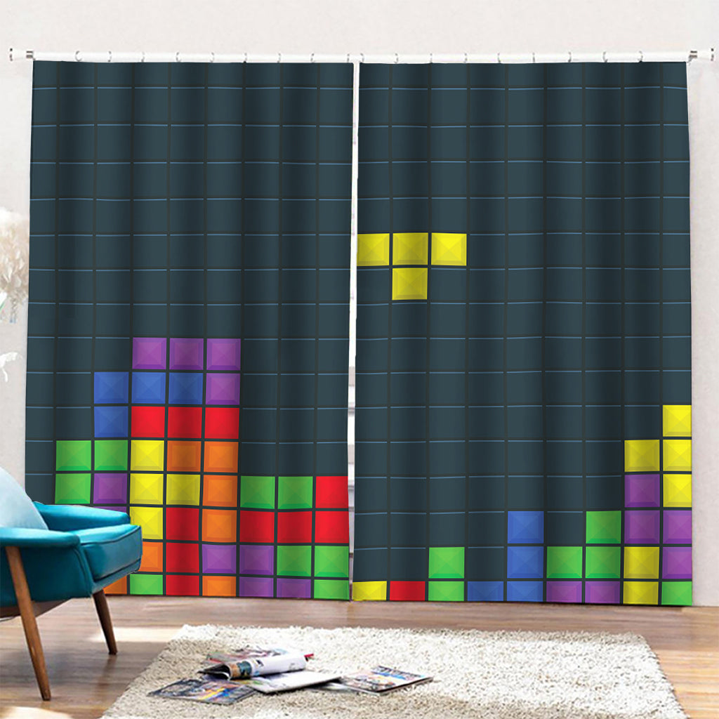 Colorful Block Puzzle Video Game Print Pencil Pleat Curtains