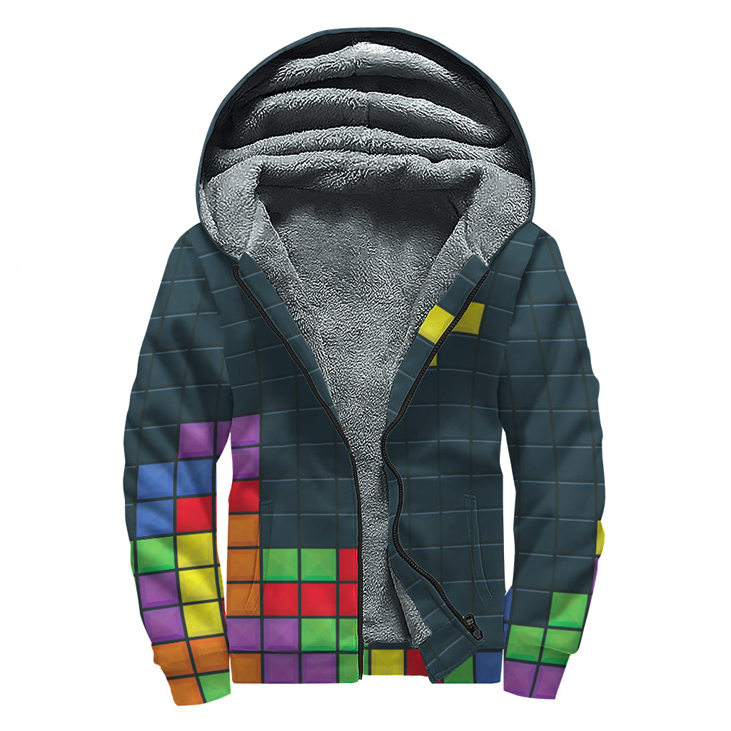 Colorful Block Puzzle Video Game Print Sherpa Lined Zip Up Hoodie
