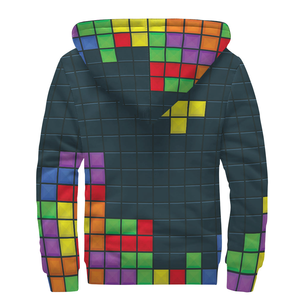 Colorful Block Puzzle Video Game Print Sherpa Lined Zip Up Hoodie