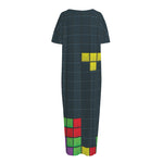 Colorful Block Puzzle Video Game Print Short Sleeve Long Nightdress