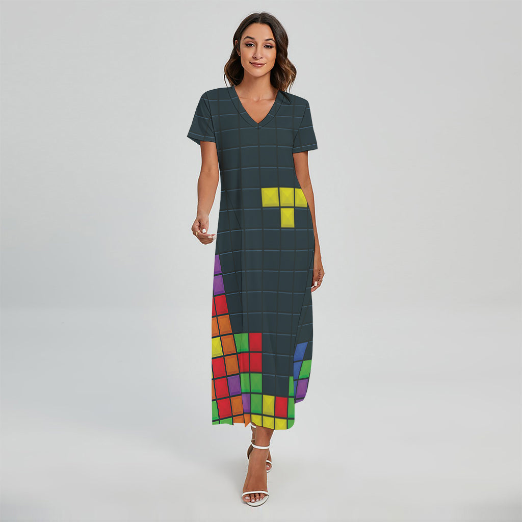 Colorful Block Puzzle Video Game Print Short Sleeve Maxi Dress
