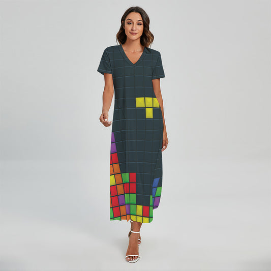 Colorful Block Puzzle Video Game Print Short Sleeve Maxi Dress