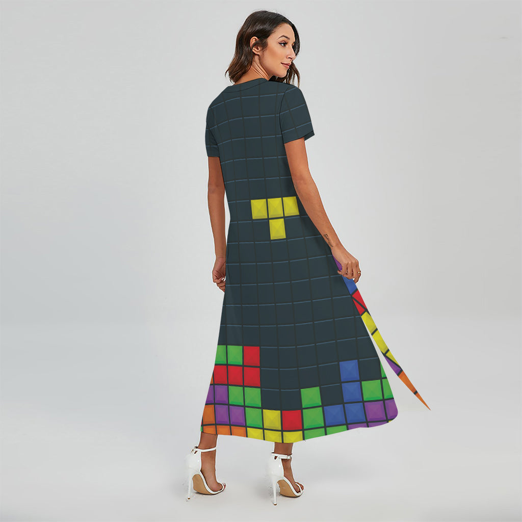 Colorful Block Puzzle Video Game Print Short Sleeve Maxi Dress