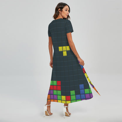 Colorful Block Puzzle Video Game Print Short Sleeve Maxi Dress