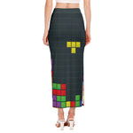 Colorful Block Puzzle Video Game Print Side Slit Maxi Skirt