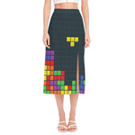 Colorful Block Puzzle Video Game Print Side Slit Midi Skirt