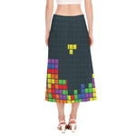 Colorful Block Puzzle Video Game Print Side Slit Midi Skirt