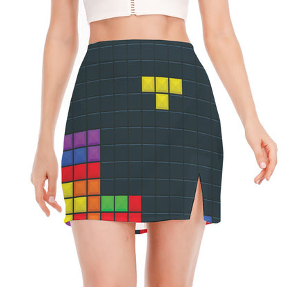 Colorful Block Puzzle Video Game Print Side Slit Mini Skirt