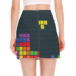 Colorful Block Puzzle Video Game Print Side Slit Mini Skirt