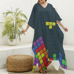 Colorful Block Puzzle Video Game Print Silk V-Neck Kaftan Dress
