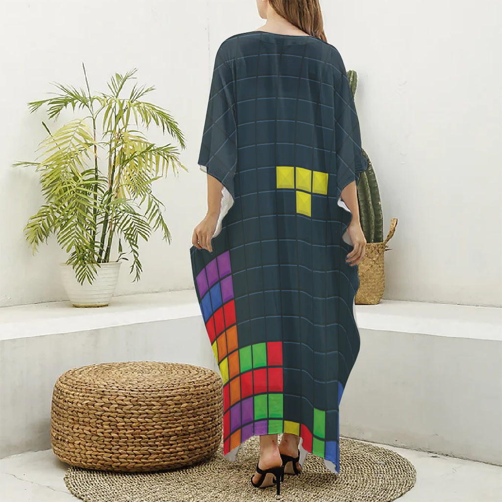 Colorful Block Puzzle Video Game Print Silk V-Neck Kaftan Dress