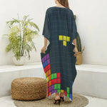 Colorful Block Puzzle Video Game Print Silk V-Neck Kaftan Dress