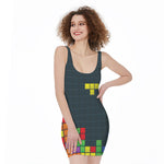 Colorful Block Puzzle Video Game Print Sleeveless Bodycon Dress