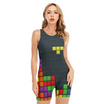 Colorful Block Puzzle Video Game Print Sleeveless One Piece Swimsuit