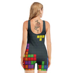 Colorful Block Puzzle Video Game Print Sleeveless One Piece Swimsuit