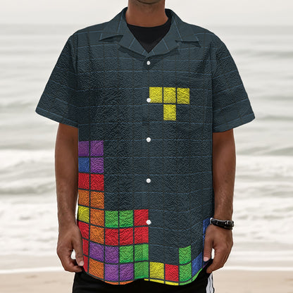 Colorful Block Puzzle Video Game Print Textured Short Sleeve Shirt