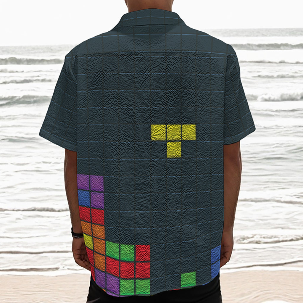 Colorful Block Puzzle Video Game Print Textured Short Sleeve Shirt