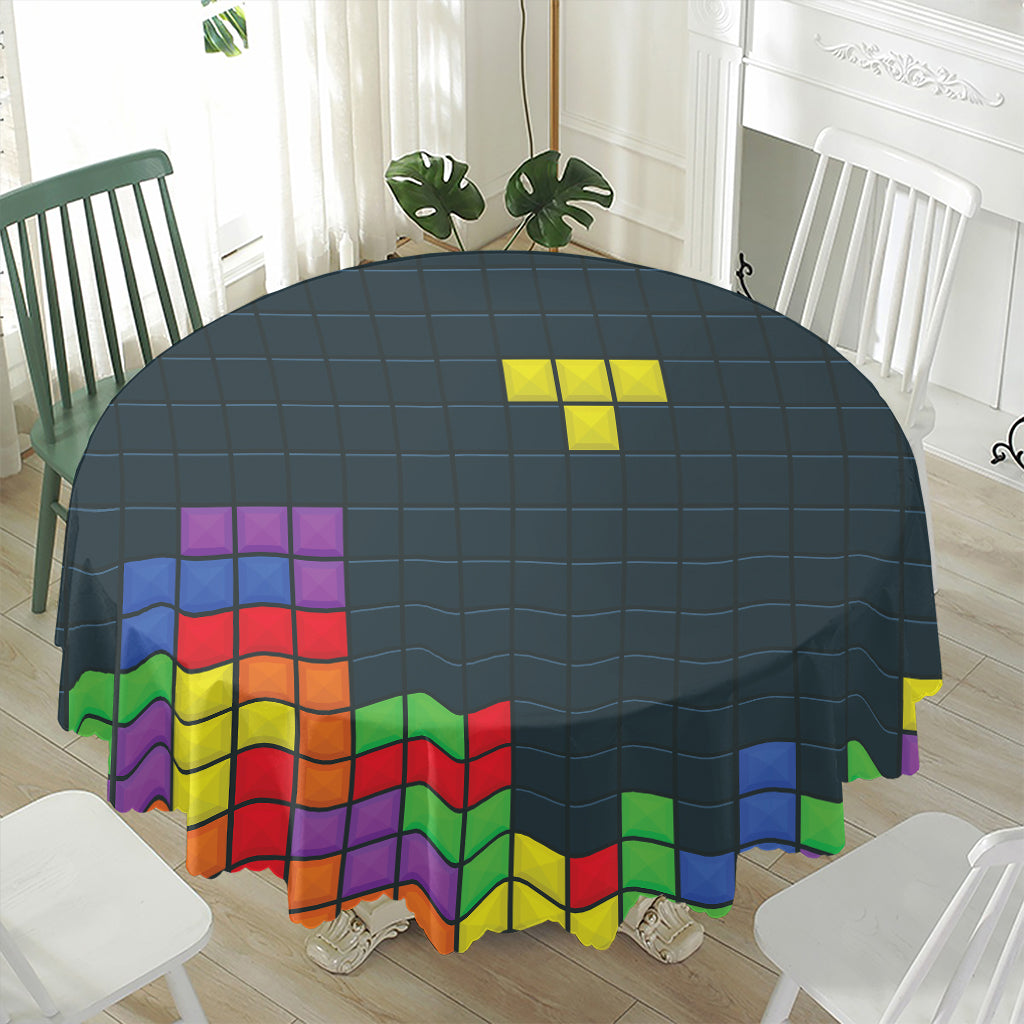 Colorful Block Puzzle Video Game Print Waterproof Round Tablecloth