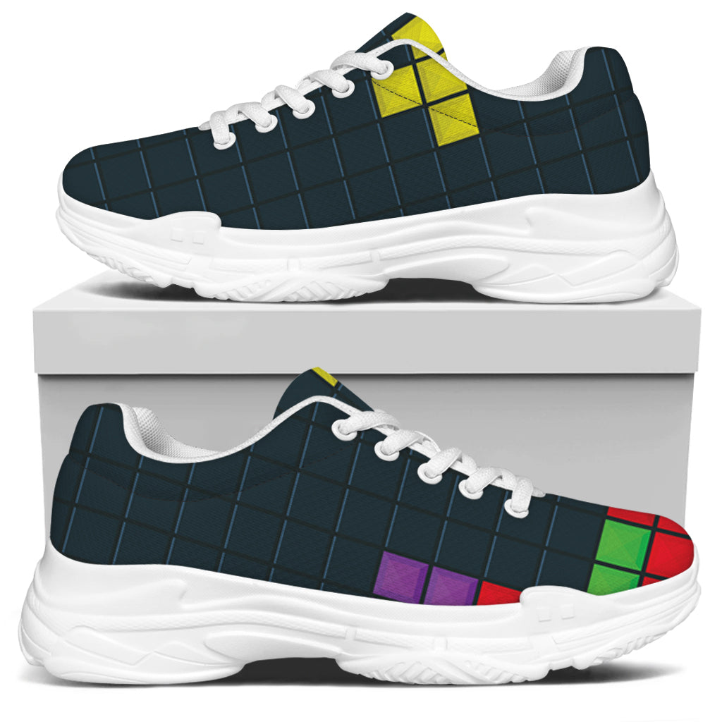 Colorful Block Puzzle Video Game Print White Chunky Shoes