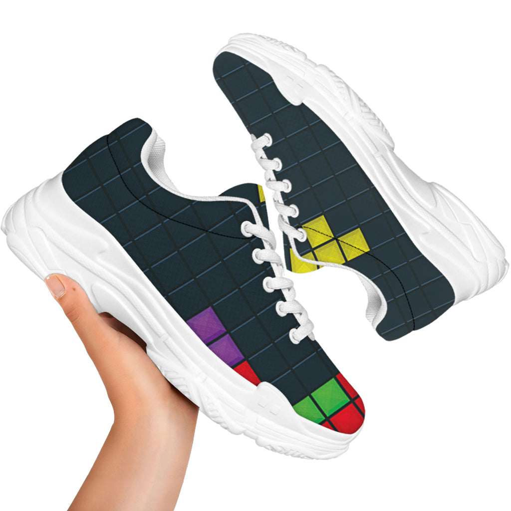 Colorful Block Puzzle Video Game Print White Chunky Shoes