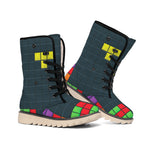Colorful Block Puzzle Video Game Print Winter Boots