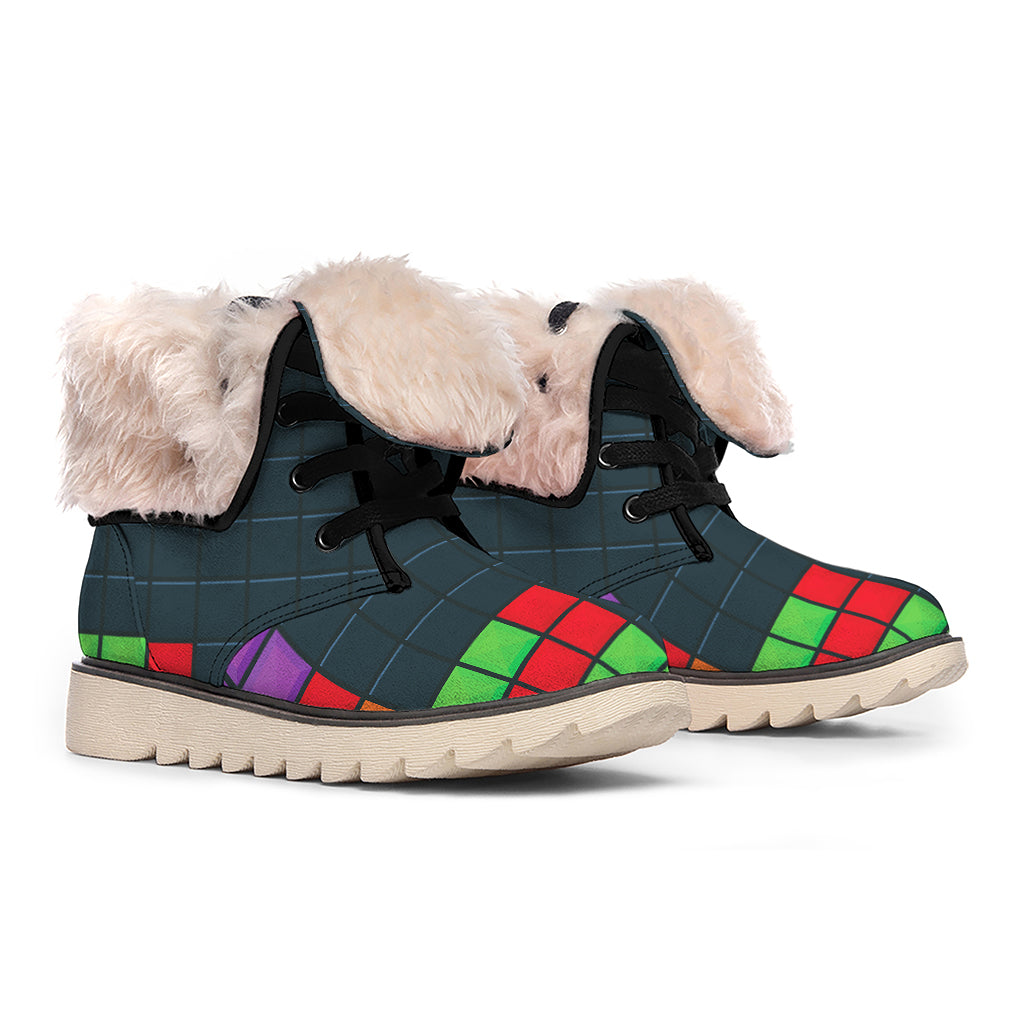 Colorful Block Puzzle Video Game Print Winter Boots