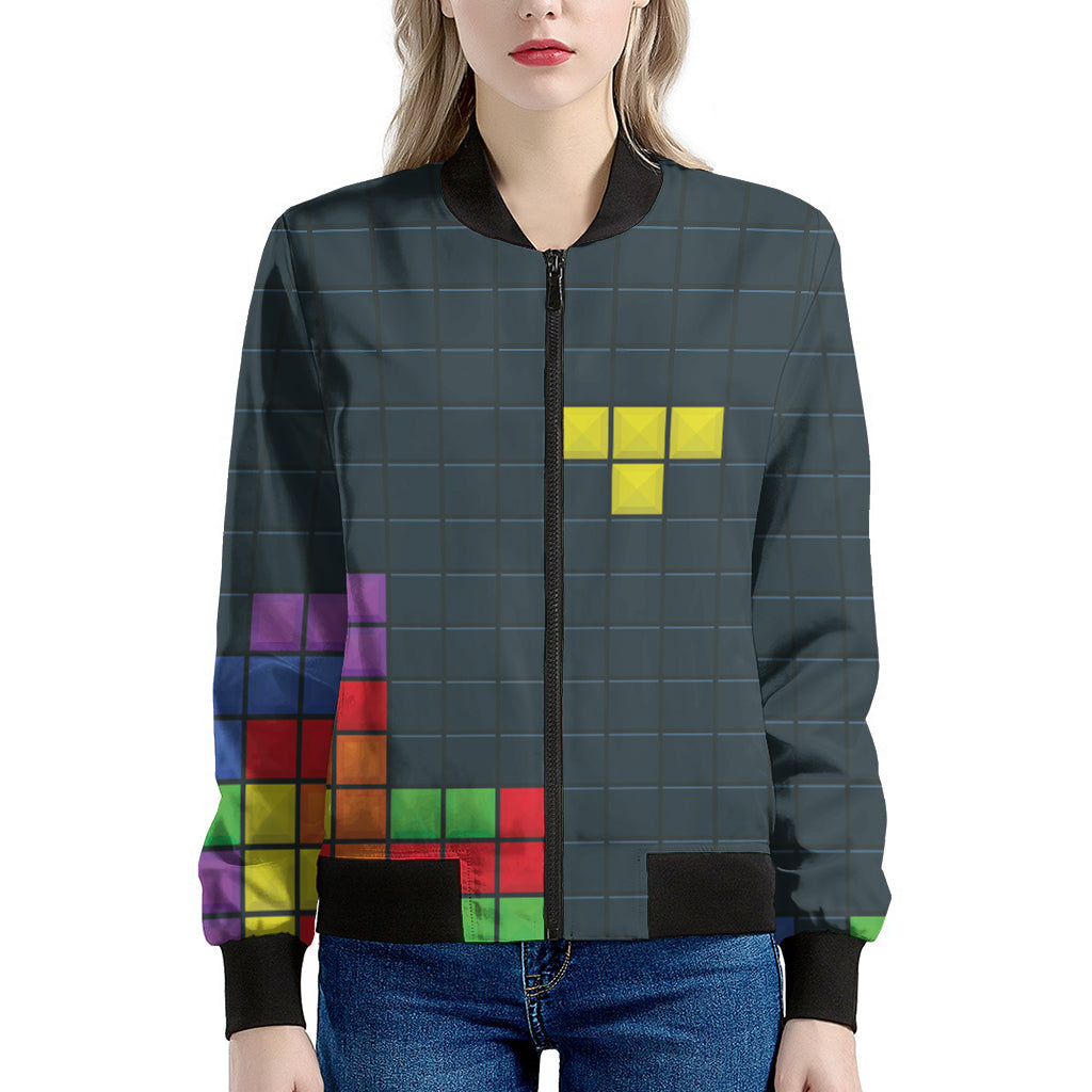 Colorful Block Puzzle Video Game Print Women's Bomber Jacket