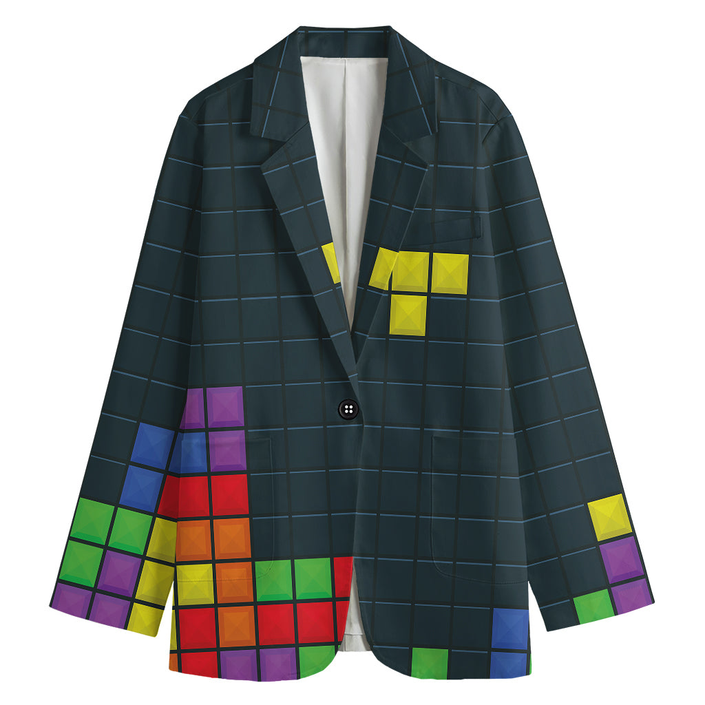 Colorful Block Puzzle Video Game Print Women's Cotton Blazer