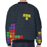 Colorful Block Puzzle Video Game Print Zip Sleeve Bomber Jacket