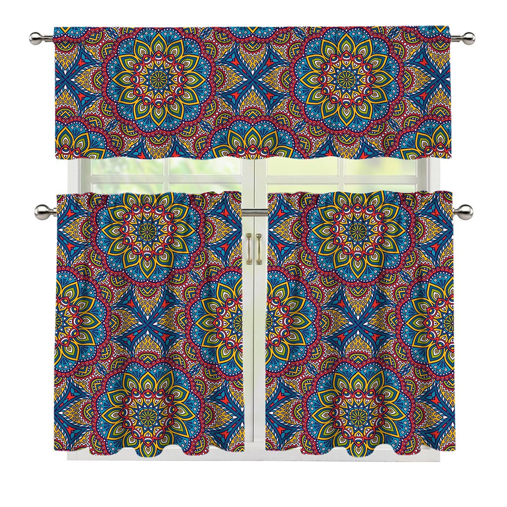 Colorful Bohemian Mandala Pattern Print 3 Piece Kitchen Curtains