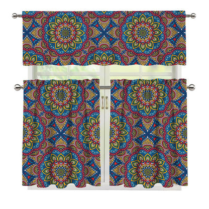 Colorful Bohemian Mandala Pattern Print 3 Piece Kitchen Curtains