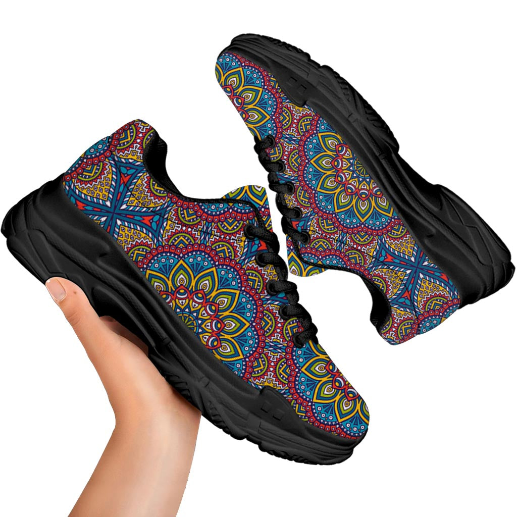 Colorful Bohemian Mandala Pattern Print Black Chunky Shoes