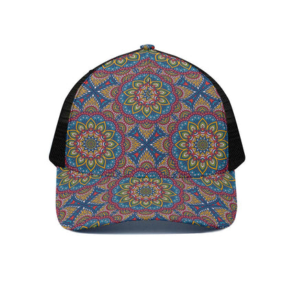 Colorful Bohemian Mandala Pattern Print Black Mesh Trucker Cap