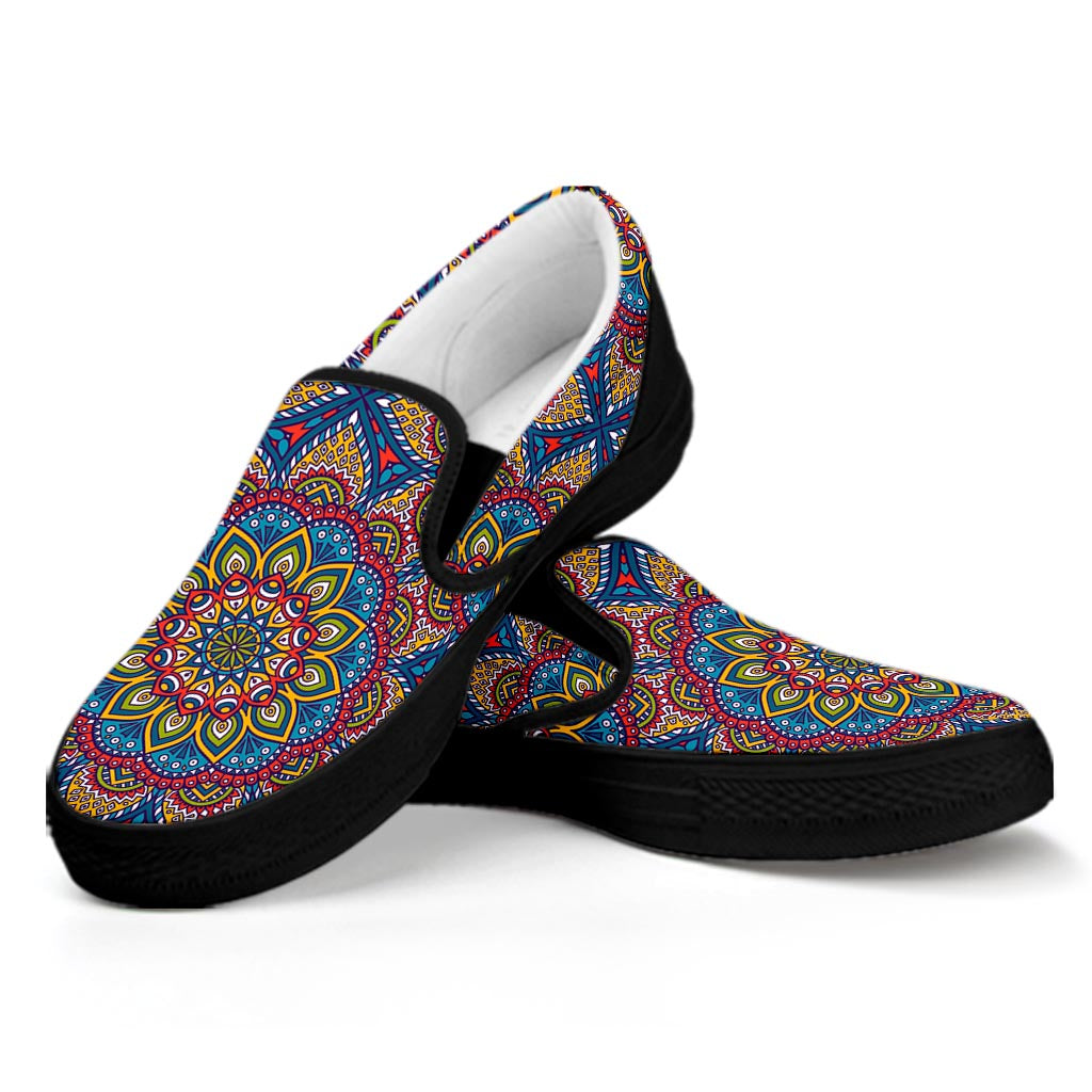 Colorful Bohemian Mandala Pattern Print Black Slip On Sneakers