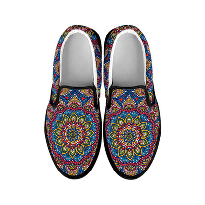 Colorful Bohemian Mandala Pattern Print Black Slip On Sneakers