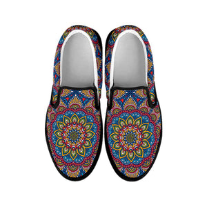 Colorful Bohemian Mandala Pattern Print Black Slip On Sneakers