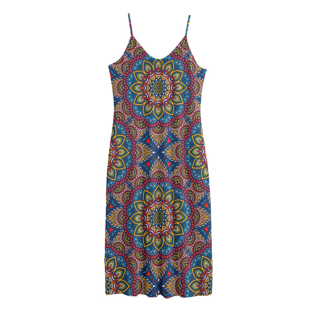 Colorful Bohemian Mandala Pattern Print Jersey Midi Cami Dress