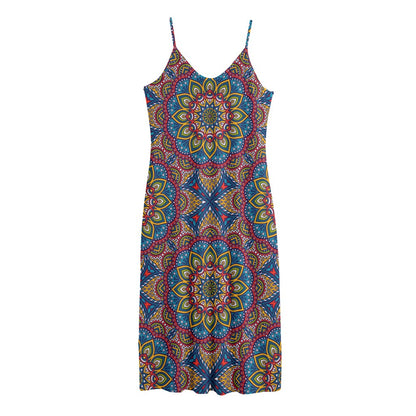 Colorful Bohemian Mandala Pattern Print Jersey Midi Cami Dress