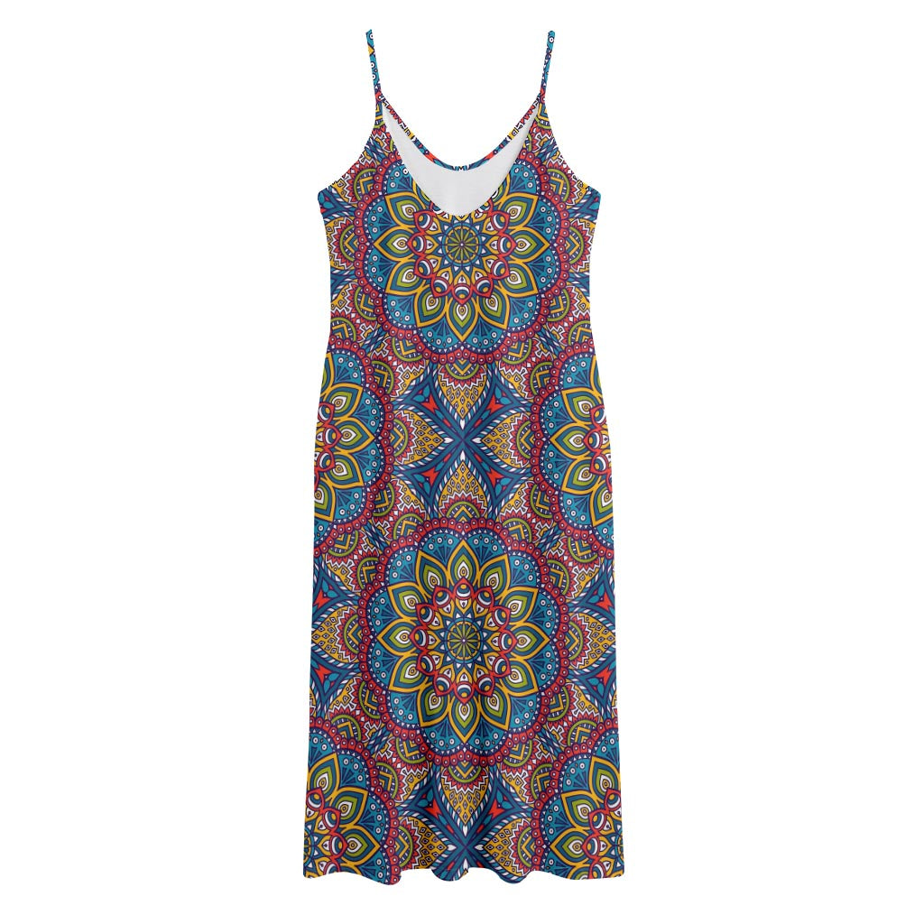 Colorful Bohemian Mandala Pattern Print Jersey Midi Cami Dress