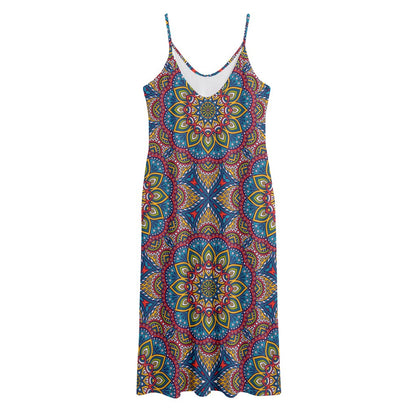 Colorful Bohemian Mandala Pattern Print Jersey Midi Cami Dress