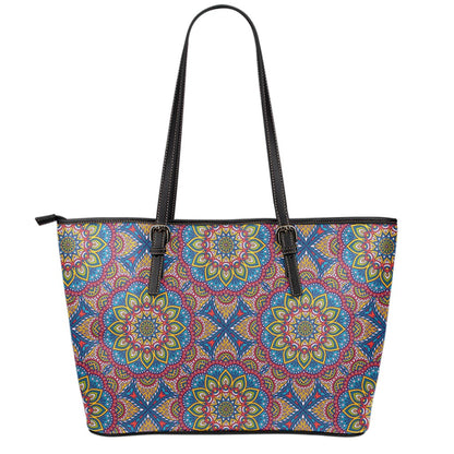 Colorful Bohemian Mandala Pattern Print Leather Tote Bag