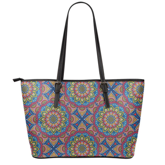 Colorful Bohemian Mandala Pattern Print Leather Tote Bag