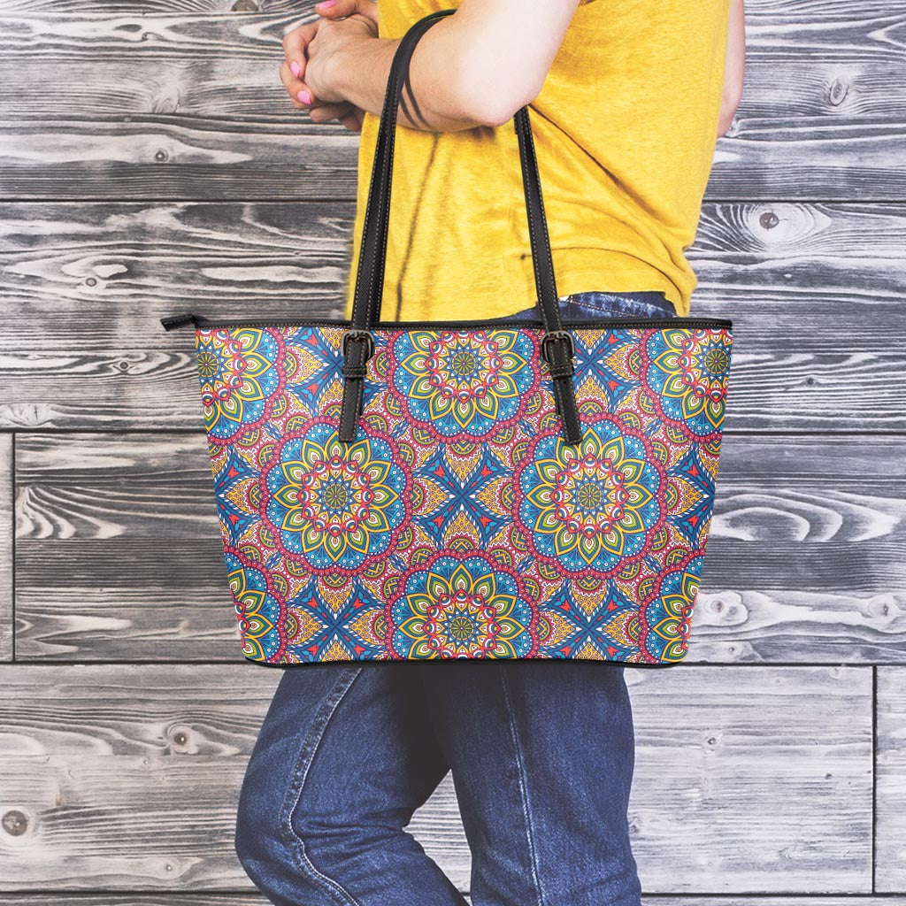 Colorful Bohemian Mandala Pattern Print Leather Tote Bag