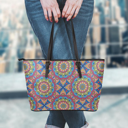 Colorful Bohemian Mandala Pattern Print Leather Tote Bag